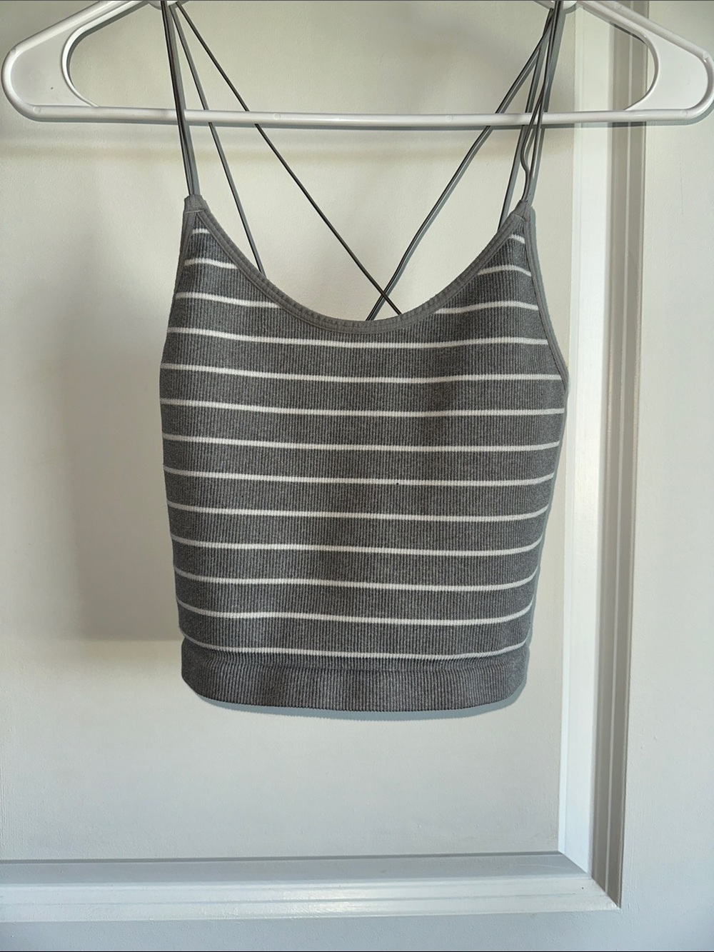 No Boundaries Gray & White Striped Ribbed Cami with Crisscross Straps